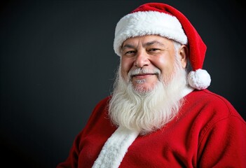 Portrait of smiling senior man in Santa Claus hat with long white beard looking at camera against dark background