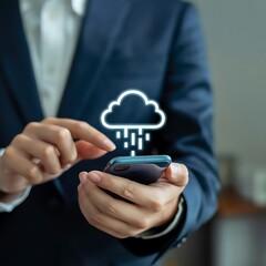 Businessman using smartphone with cloud computing icon and data rain overlay