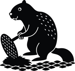 Beaver working with a paddle black and white illustration of an animal on white background