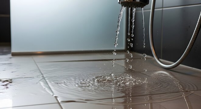 Leaky showerhead dripping water onto bathroom tile floor causing damage and potential flooding