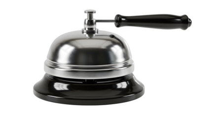 Shiny silver and black desk bell on black appears in clean studio lighting. Use for presentations, website hero images, UI elements.