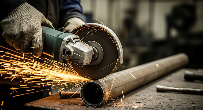 Skilled worker grinding metal pipe with angle grinder, creating bright sparks in industrial workshop setting