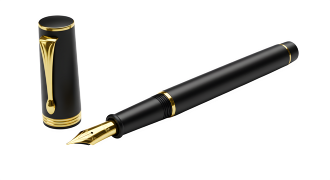 Black and gold pen displays fine details on a black surface. Uses include product showcases and luxury branding.