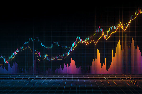 Dynamic financial stock market graph showing upward trends with glowing indicators and digital grid for business analysis and trading insights