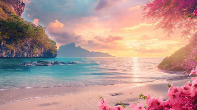 Fototapeta Sunrise or sunset on a beautiful beach.