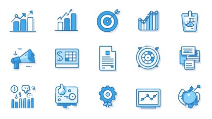 15 illustrations of business data, graphs, goals, and strategy, outlined in light blue