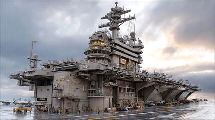 Fototapeta premium Detailed model naval aircraft carrier planes control tower.