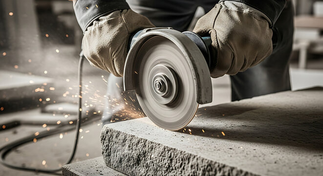A stonemason's gloved hands expertly guiding an angle grinder to cut a large stone slab with sparks