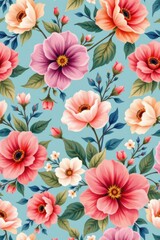 The image features a vibrant floral pattern set against a light blue background