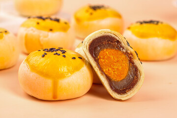Chinese Moon Cakes with Egg Yolk and Sweet Bean Paste Filling Traditional Asian Dessert