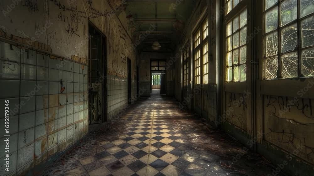 Poster a long hallway with a checkered floor and windows, perfect for use in interior design or architectur