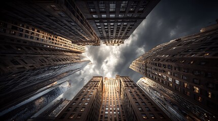 Dramatic urban canyon view with towering skyscrapers and building perspective.