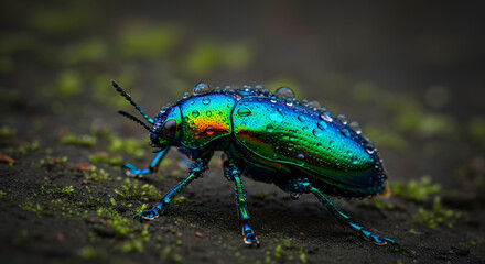 Fototapeta premium Close-Up of a Vibrant Jewel Beetle Adorned with Water Droplets on Mossy Ground, Showcasing Iridescent Colors and Intricate Details.