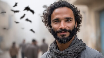 Fototapeta premium Stylish Middle Eastern man with soft features stands amidst an urban setting capturing attention and intrigue