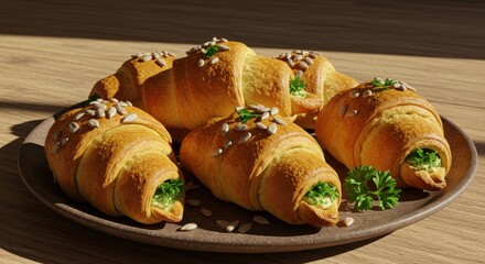 Freshly Baked Croissants with Sunflower Seeds and Green Garnish on Wooden Surface