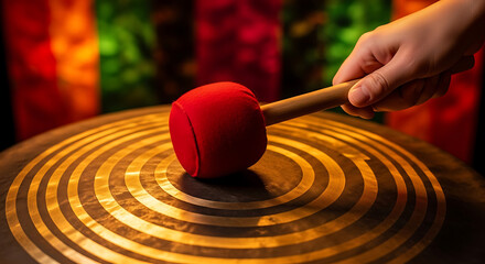 A hand holding a red mallet about to strike a large bronze gong for sound bath therapy