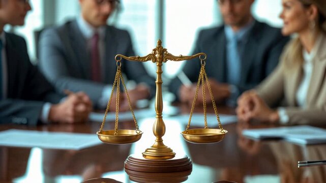 Golden justice scales on table with group of business professionals discussing legal matters in corporate office