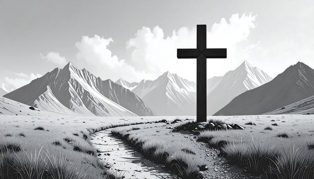 A black cross stands amidst a serene mountain landscape - Powered by Adobe