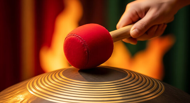 Close-up of a hand with a red mallet playing a golden handpan for a sound healing session