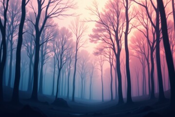 The image depicts a tranquil forest scene with tall, slender trees whose bare branches stretch towards the sky