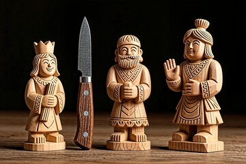 Wooden Statues with Knife, Royalty, Folklore - Storytelling Imagery