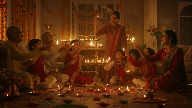 Multi generational indian family joyfully celebrating diwali festival lighting traditional clay diyas in warm home togetherness
