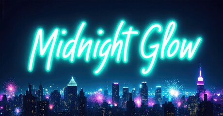 Neon text over cityscape. Fireworks illuminate skyline, creating vibrant, retro aesthetic. Dark background emphasizes bright colors.
