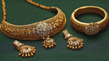 Elegant traditional gold jewelry with intricate designs and embedded gemstones on a green background.