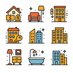 Apartment grid featuring real estate and home icons for diverse living options. Suitable for real estate agencies, property listings, and interior designers.
