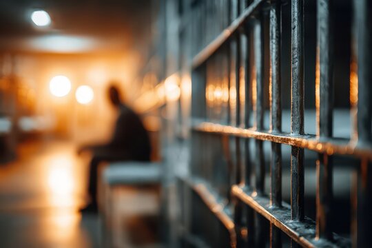 A solitary figure sitting on a bench behind prison bars, representing imprisonment, incarceration, and the consequences of criminal activity, illuminated by warm lights.