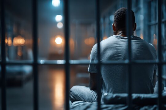 An incarcerated African-American man sits alone in a jail cell, back view shows silhouette and feelings of despair, imprisonment and loss of freedom, bars visible.