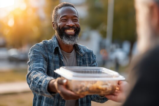 A cheerful man with a beard gives a food container to another person outdoor, sharing care and compassion, showing act of kindness and community, food donation program.