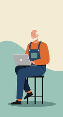 Elderly man in overalls sitting on a stool, engaged with a laptop. Represents digital literacy, online learning, or remote work for seniors and modern lifestyle.