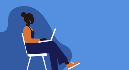 Stylish Black woman working remotely on a laptop, embodying productivity and modern digital lifestyle. Ideal for business, education, or technology themes.