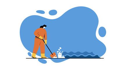 Person in protective gear actively cleans a floor, pushing sudsy water with a broom. Represents hygiene, maintenance, and professional cleaning services.