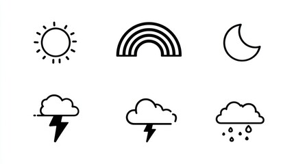 Fototapeta premium Weather icon set, featuring sun, rainbow, crescent moon, and storm cloud variations
