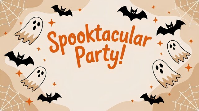 Template for a halloween party invitation with the text Spooktacular Party! and cute ghosts, bats, and spider webs on a beige background, isolated with copy space for text.