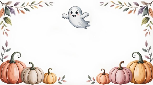 Halloween template, banner, border with watercolor frame featuring pastel pumpkins and a cute ghost on a white background with free space for text
