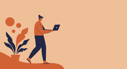 Stylish illustration of a person walking while working on a laptop, symbolizing remote work, digital lifestyle, and mobile productivity. Ideal for business, technology, and learning content.