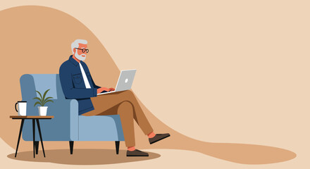 Senior man comfortably working from home on his laptop, enjoying modern technology and remote productivity in a relaxed setting.