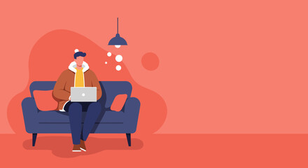 Man working or studying casually on a laptop while relaxing on a comfortable sofa at home. Represents remote work, online learning, or digital lifestyle.