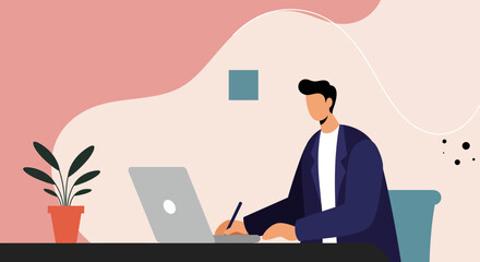 Professional man working diligently on a laptop and writing at a modern desk. Ideal for business, education, or remote work concepts.