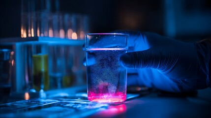 Gloved hand holds glass with visible fingerprint under ultraviolet light in forensic lab.
