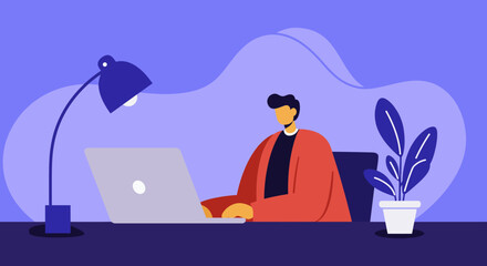 Professional man working remotely on laptop at home office desk, focusing on online tasks. Ideal for themes of productivity, remote work, or digital business.