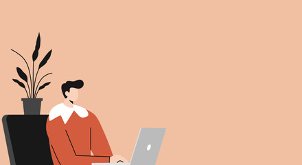 Man working diligently on a laptop in a modern home office setting with a plant. Represents remote work, online learning, and a productive digital lifestyle.