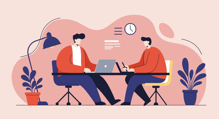 Two professionals collaborate on a project in a modern office, symbolizing teamwork, productivity, and shared goals in a corporate or startup environment.