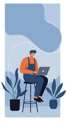 Focused man in overalls working remotely on a laptop, symbolizing freelance, online business, and digital lifestyle in a modern, plant-filled space.