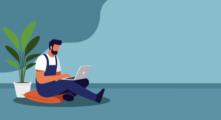 Man working comfortably on laptop at home. Remote work, online learning, or freelance. Modern lifestyle, technology, and productivity concept.