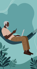 Senior Black man enjoying remote work or leisure in a hammock, simultaneously using a laptop and smartphone in a serene outdoor setting. Represents modern digital lifestyle, retirement, and travel.