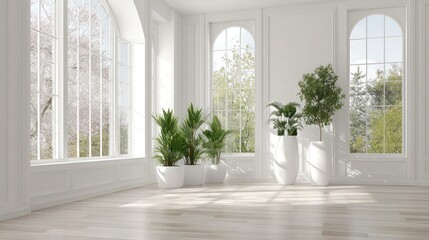 Bright, empty room with arched windows and plants. Sunlight streams across the floor